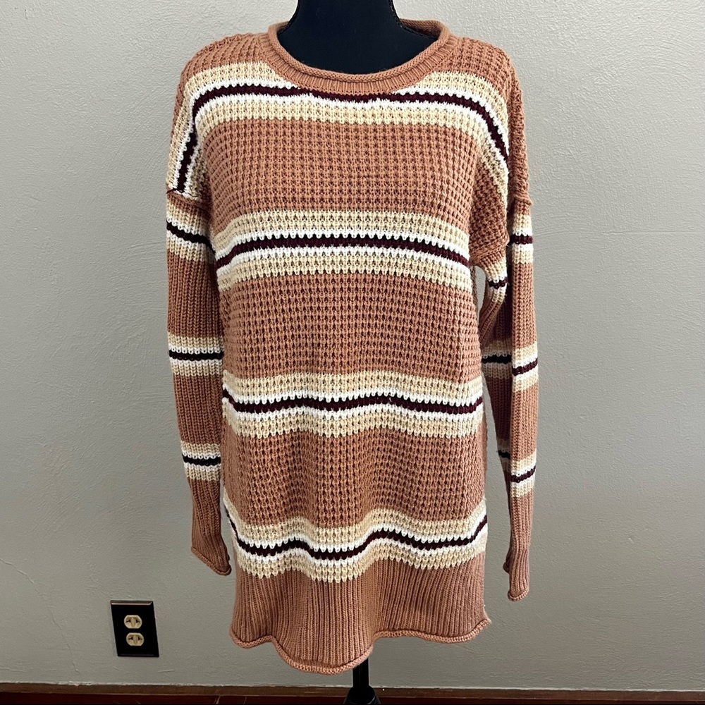 Pink Rose Women's Striped Crew Neck Sweater Dusty Rose, Cream, White, Burgundy